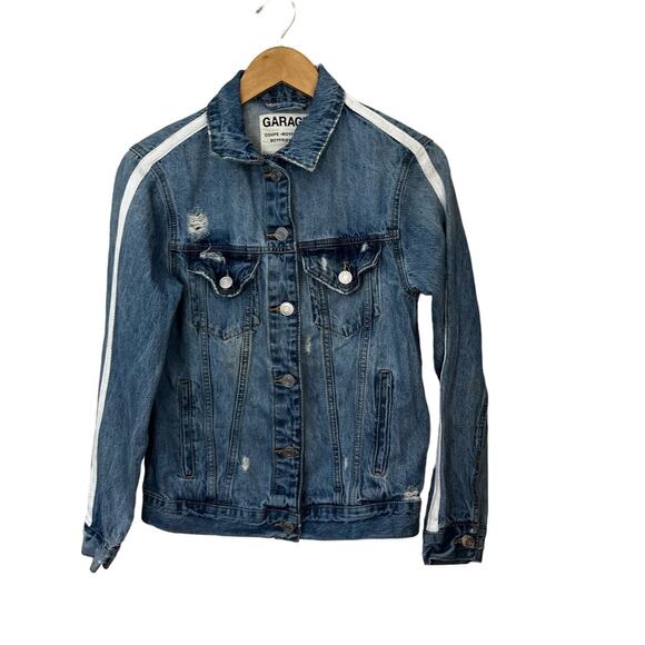 Garage Jean Jacket Women's Small Blue Boyfriend Fit Distressed Tuxedo Stripe - Picture 1 of 8